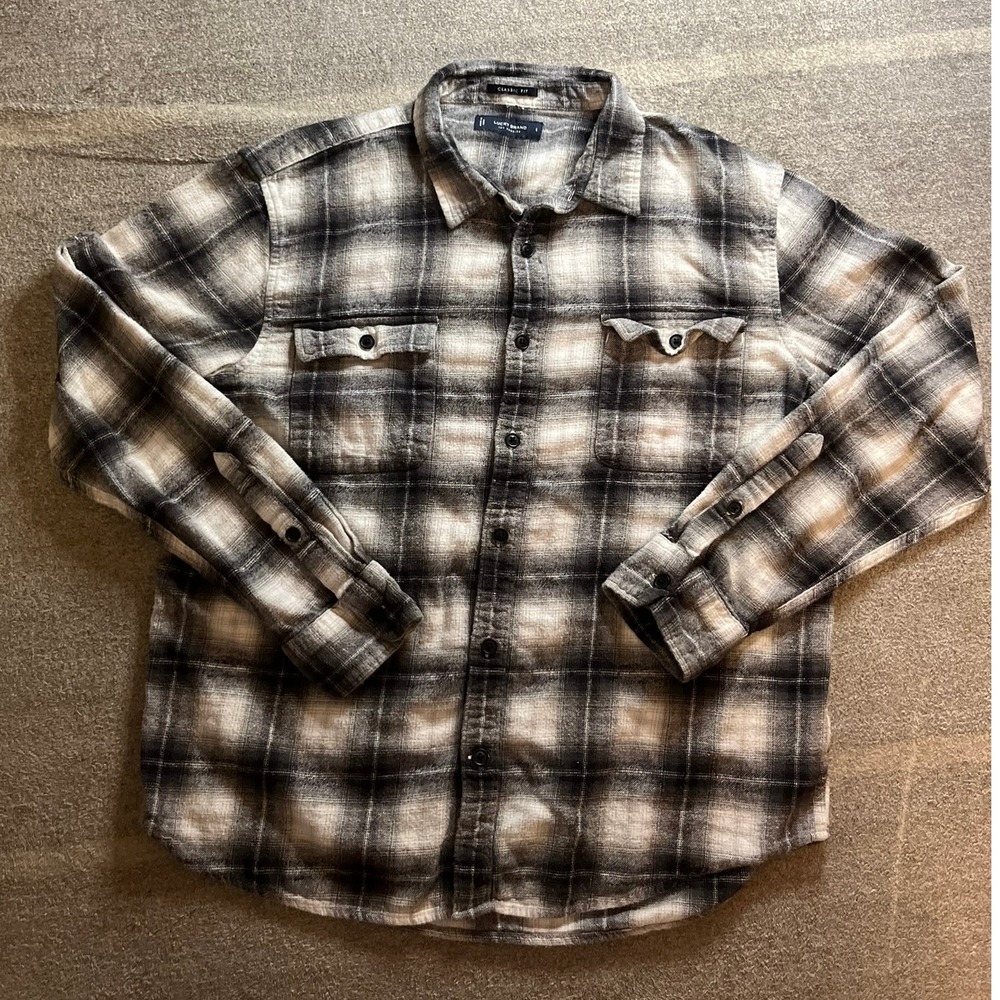 Lucky Brand Mens L Black Cream Plaid Flannel Button Down Shirt Camping Hiking